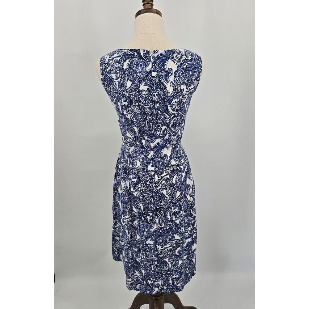 Anne Klein A line Dress Women's 6 White Blue Paisley Print Linen Blend Pockets - Picture 3 of 7